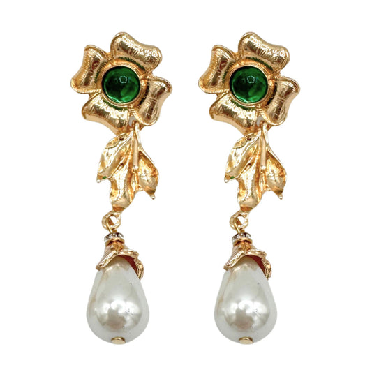 Elegant Green Zircon & Pearl Drop Earrings